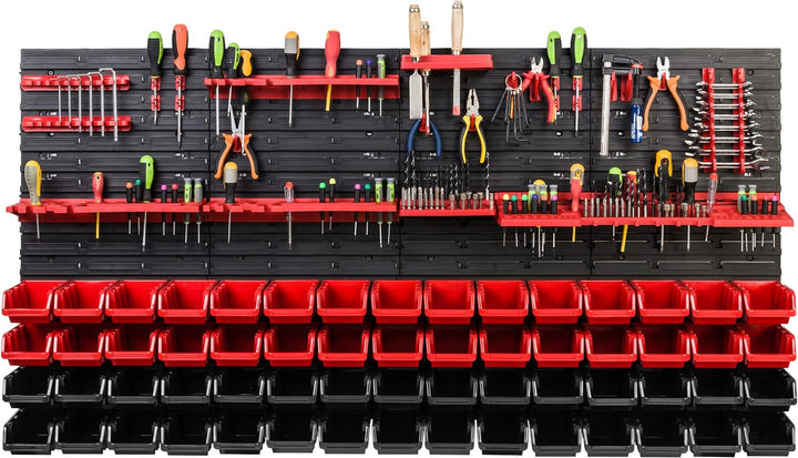 Lagersystem Werkstattregal | 156 x 78 cm | 60 stck. Box | Wandregal mit Werkzeughalterungen und Stap