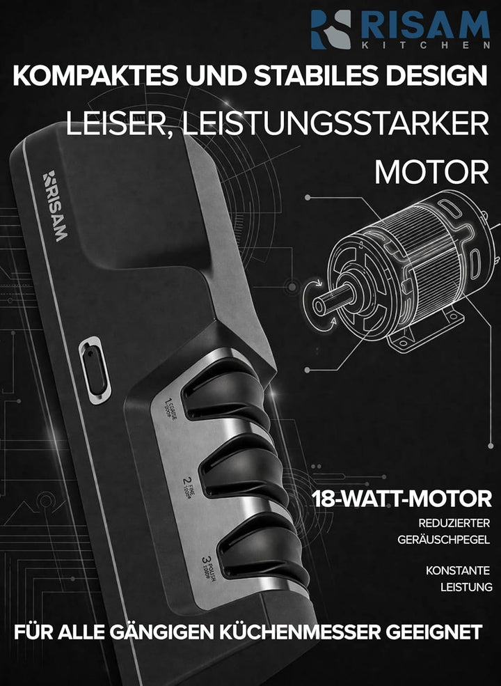 RISAM Kitchen Elektrischer Messerschärfer - 3-Stufen-Schleifsystem mit Winkelführung, für Küchen-, J