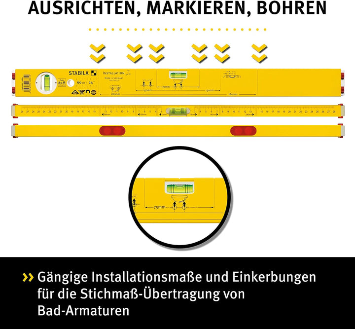 STABILA Wasserwaage Type 80 M Installation, 60 cm, mit Seltenerd-Magnetsystem und Markierungshilfen