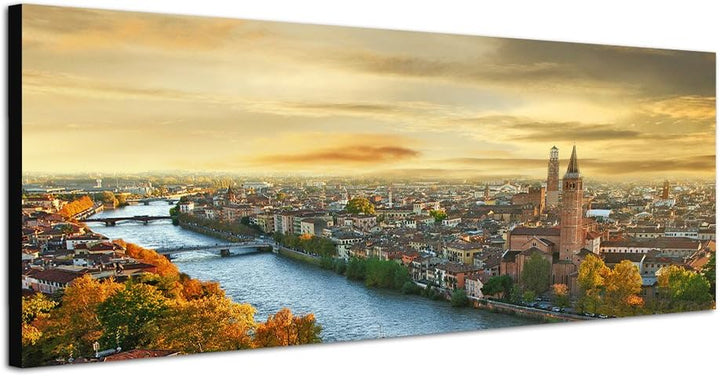 Paul Sinus Art Panoramabild auf Leinwand und Keilrahmen 150x50cm Italien Verona Stadt Fluss Abendlic