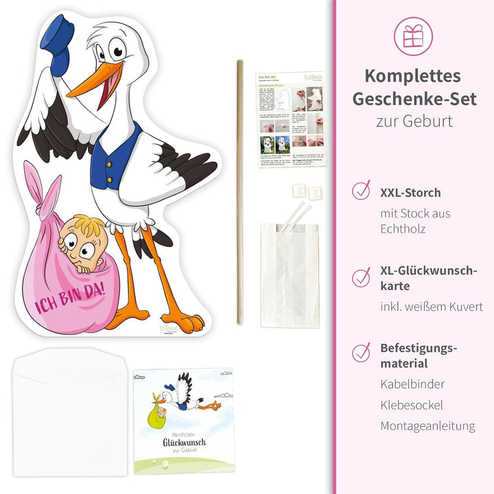 XL Storch zur Geburt Willkommen Baby I rosa Geschenk Mädchen I SET: Geburtsstorch + Stab aus Holz +