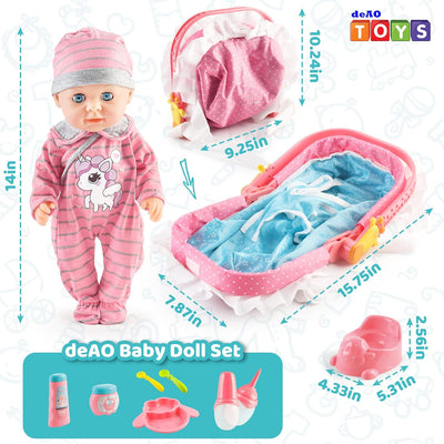 deAO Puppen Set mit Tragbar Puppenwiege, Meine Erste Babypuppe, Enthalt Töpfchen, Flasche, Schnuller