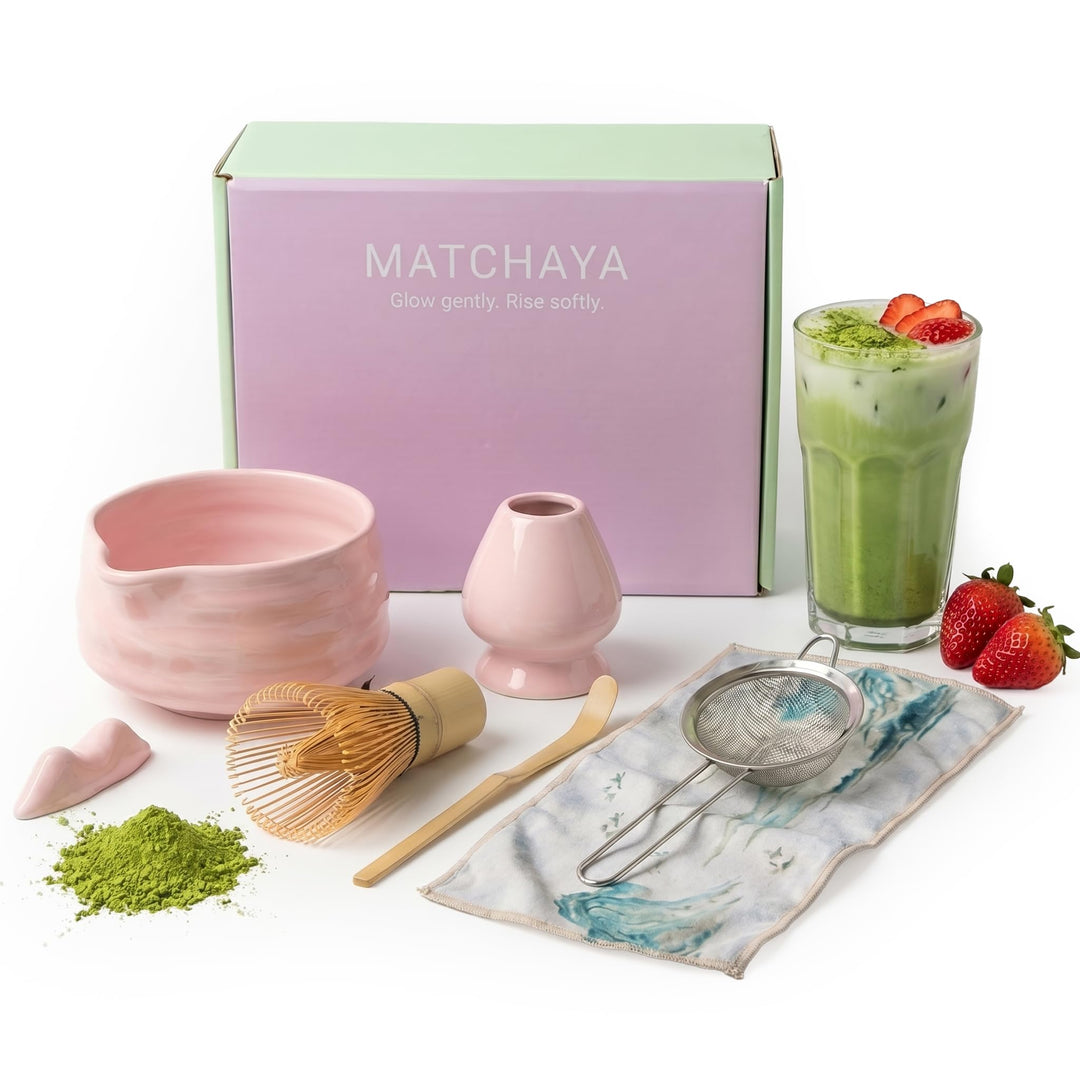 Matchaya Matcha Set 7-teilig Rosa – Keramik Chawan 460ml, Bambus Chasen & Halter, Chashaku, Ablage,