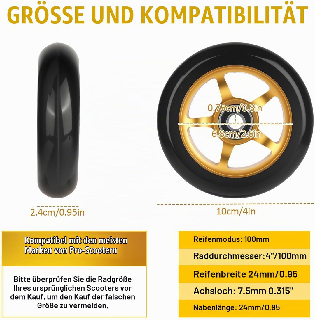 Stunt Scooter Rollen100mm, 2 Stück Stunt Scooter Räder Ersatzräder mit ABEC/ 9 Kugellager/Härtegrad