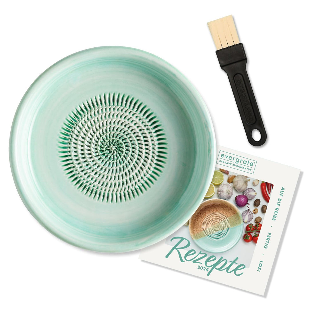evergrate Keramikreibe Dipschale im Motiv Mint mit Küchenpinsel und Rezeptheft, Mint