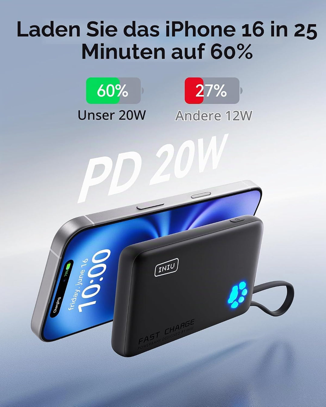 INIU Power Bank, Minigrösse 20W 10000mAh PowerBank mit Integriertem USB-C Kabel, PD3.0 QC4.0 USB C I