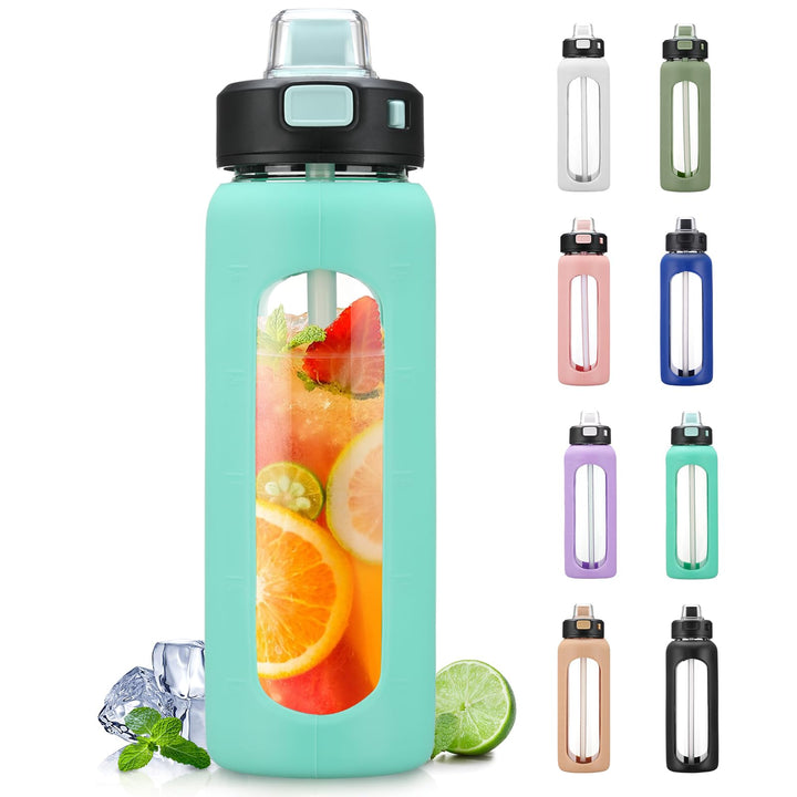 BLUEGO 700ml Trinkflasche Glas mit Strohhalm und Griff Auslaufsichere Wasserflasche mit Silikonhülle