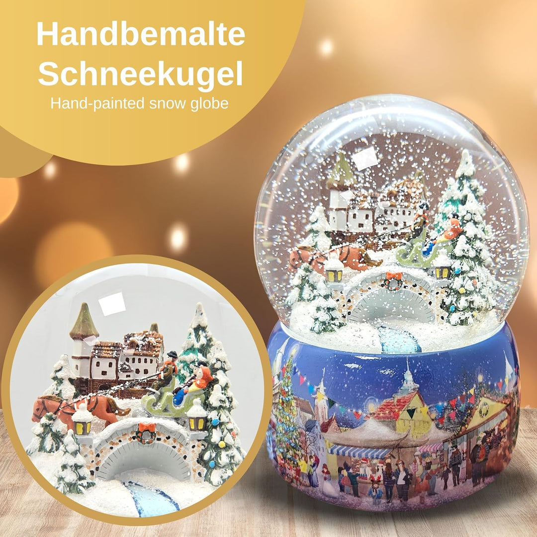 Schneekugel Weihnachten Spieluhr | Nostalgie Pferdekutsche über Brücke | Sockel Winterlandschaft | M