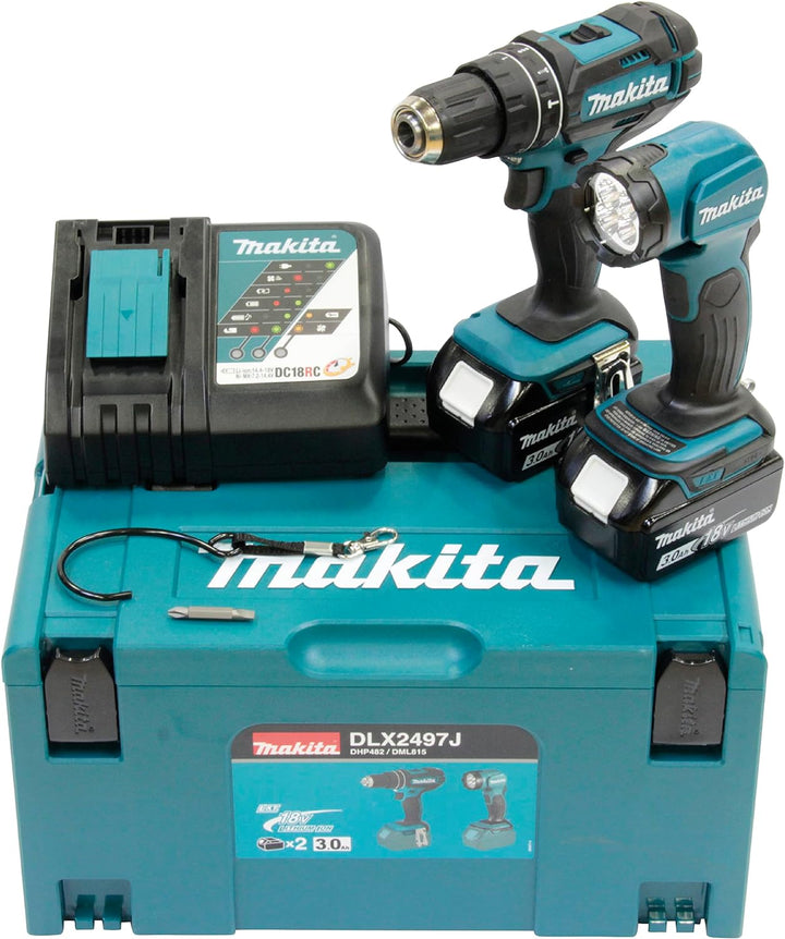 Makita DLX2497J Akku-Kombo-Kit 18V (DHP482 + DML815) / 3, 0 Ah, 2 Akkus Ladegerät im MAKPAC, Schwarz
