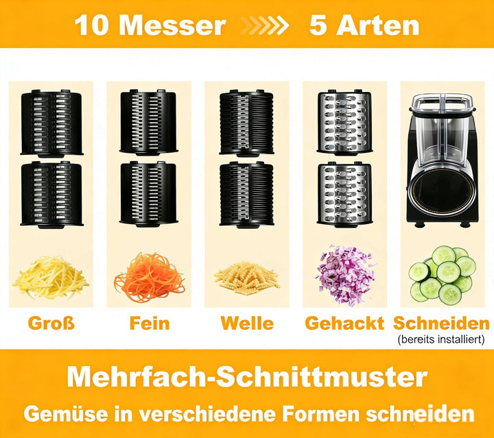 Gemüseschneider Elektrisch 1000W mit Kupfermotor, Edelstahl Klingen (10 Ersatzklingen), ABS Material