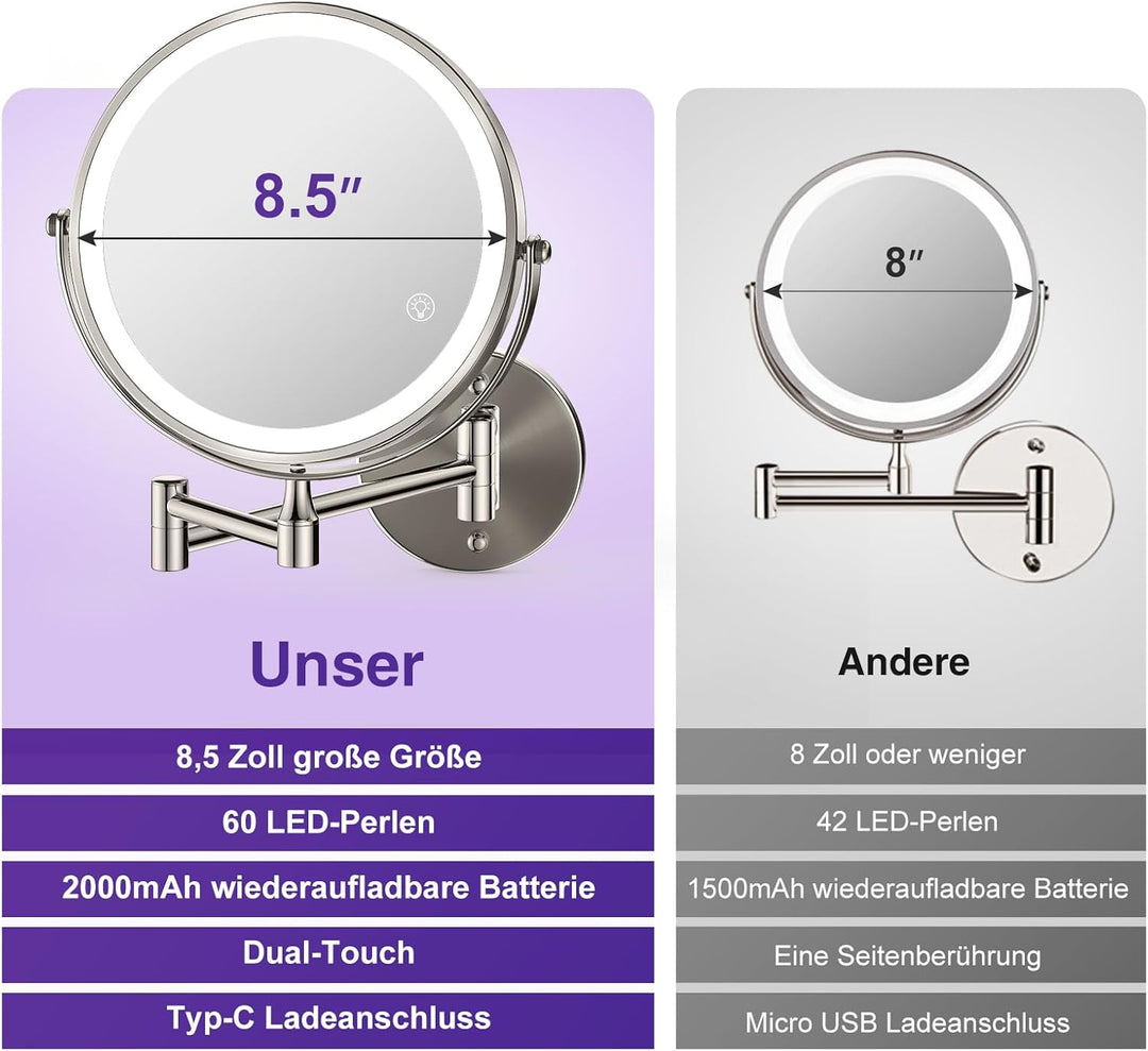 Vergrösserungsspiegel mit Beleuchtung 1x/15x: Zweiseitiger wandmontierter Beleuchteter Schminkspiege