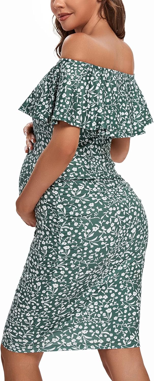 Shen&amp;Qege Umstandskleid Lässig mit Schulterfreiheit, Rüschen, ärmellos, Bodycon, Umstandsmode Sommer