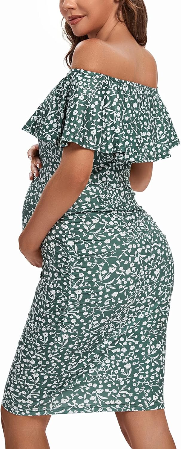 Shen&amp;Qege Umstandskleid Lässig mit Schulterfreiheit, Rüschen, ärmellos, Bodycon, Umstandsmode Sommer
