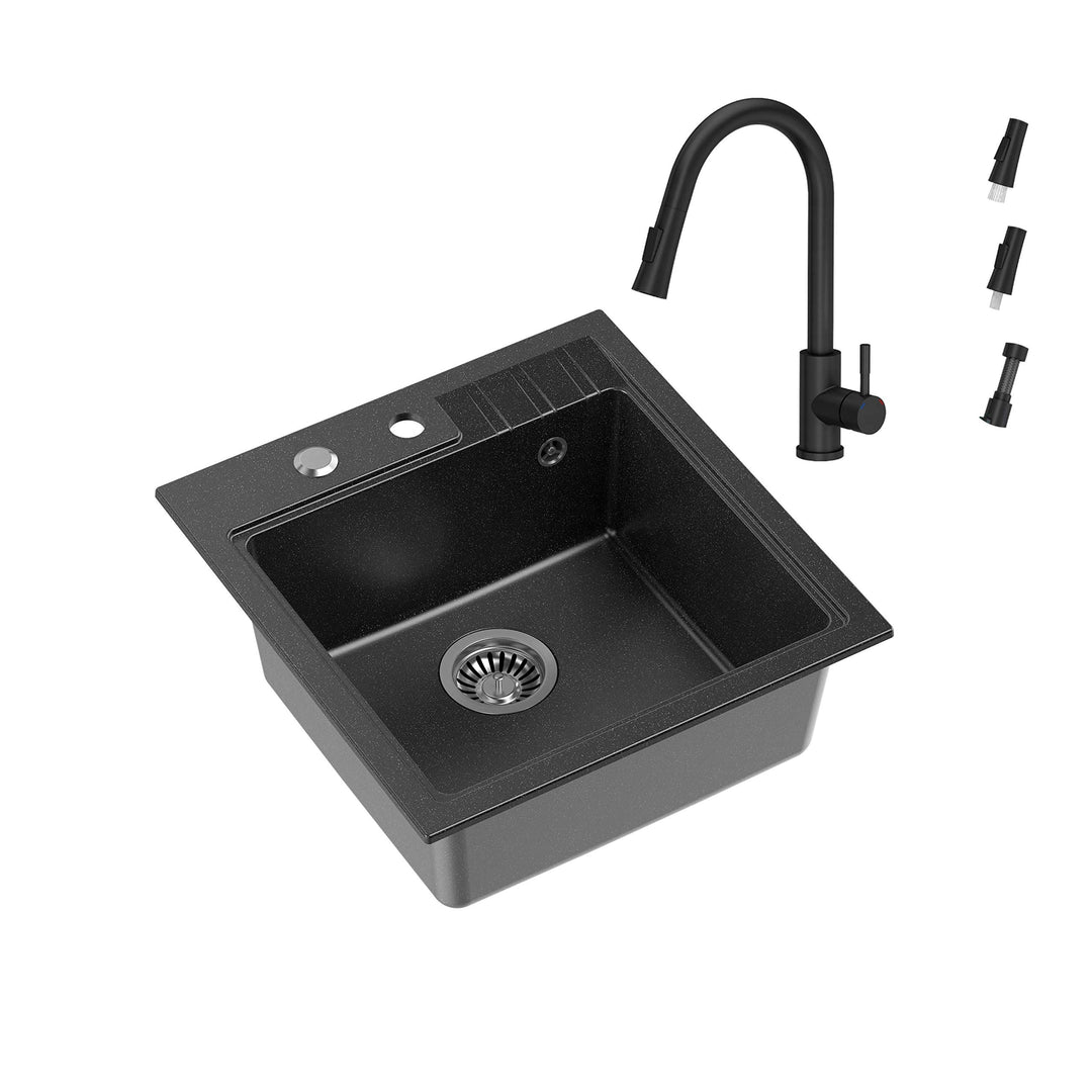 VBChome Spüle mit Armatur 52 x 50 cm Schwarz Tiefes Becken Küche Einbauspüle Verbundspüle Küchenspül