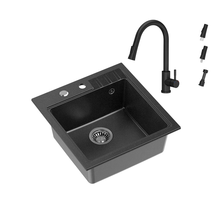 VBChome Spüle mit Armatur 52 x 50 cm Schwarz Tiefes Becken Küche Einbauspüle Verbundspüle Küchenspül