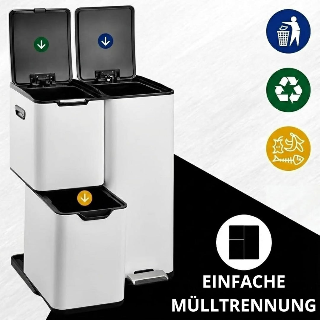 Bayt Mülleimer 3 Fächer - Abfalleimer - Edelstahl-Abfallbehälter - Treteimer für Mülltrennung - Müll