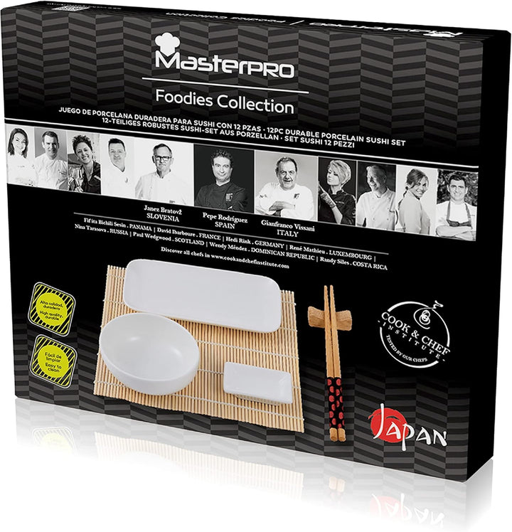 MasterPro Foodies | Sushi Set 12-teilig | Inklusive Sossenschalen, Telller, Esstäbchen und Tischdeck