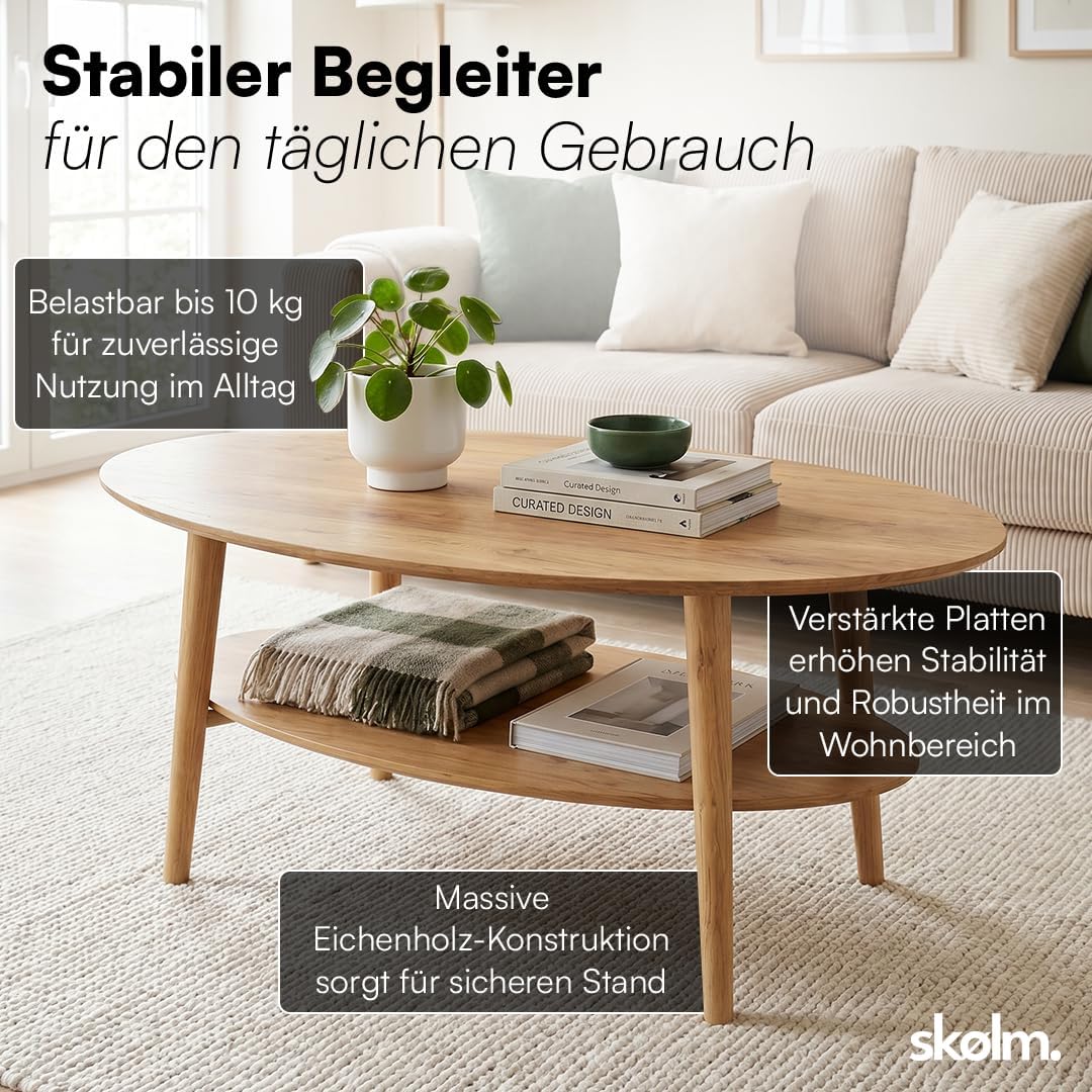 skølm Mjölnir Couchtisch oval – Wohnzimmertisch aus Eiche Massivholz – Sofatisch mit 2 Ablagen – kle