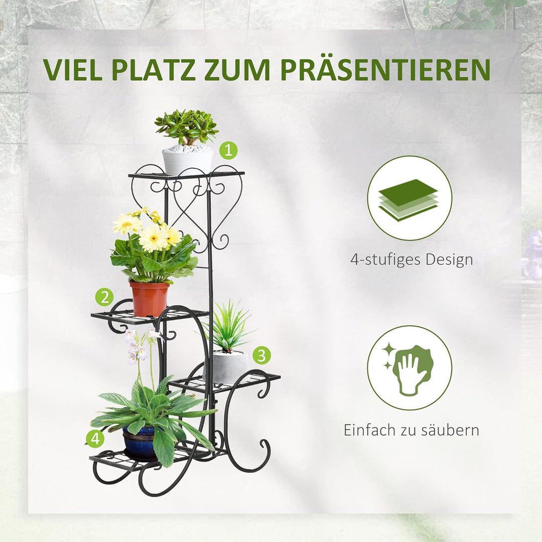 Outsunny Blumenständer Blumenregal aus Metall 4 Ebenen Pflanzenregal Blumentreppe Blumenständer für