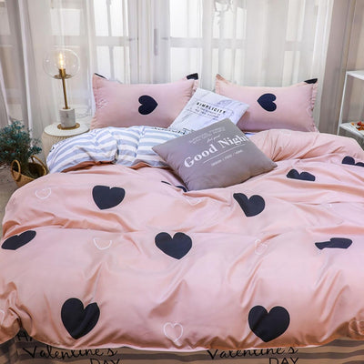 Freyamy Bettwäsche 200x220cm 3teilig Rosa Schwarz Herz Bettwaren-Sets Gebürstet Microfaser Weiche We