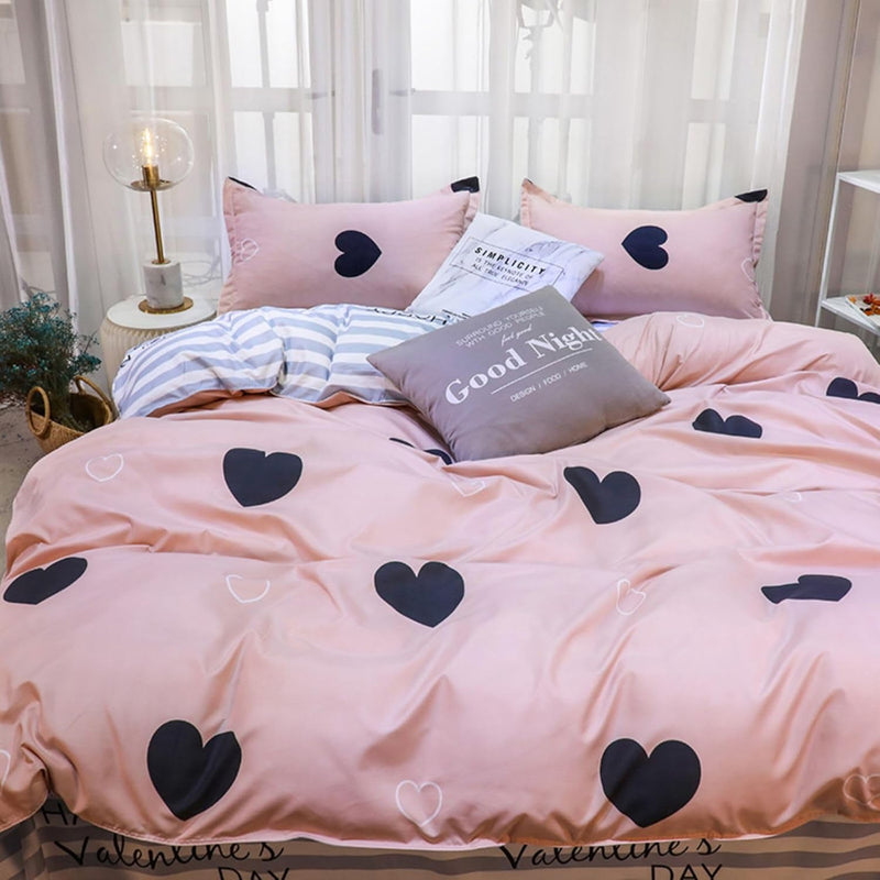 Freyamy Bettwäsche 200x220cm 3teilig Rosa Schwarz Herz Bettwaren-Sets Gebürstet Microfaser Weiche We