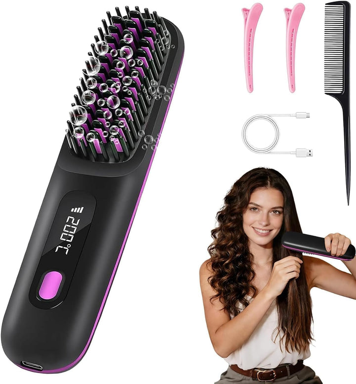 Stylingbürste für Kurze Haare,Glättbürste Kabellos mit LED-Anzeige,Glättungskamm verhindert Haarzieh
