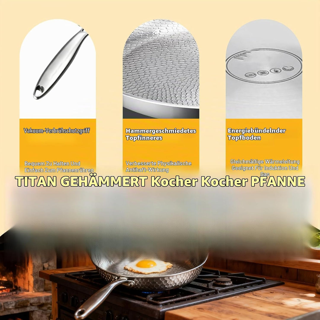 Titan Pfanne, 28CM Titanpfanne Mit Deckel und Spatel, Titanium Hammered Pan 5 Schichten Verdickt, Ti
