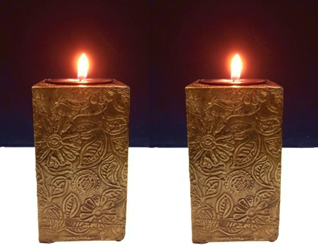 Purpledip Wooden T Light Candle Holders with Brass Sheet Cover (Set of 2) Golden, Indian Souvenir, D