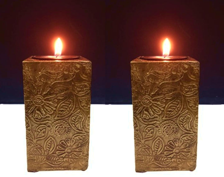 Purpledip Wooden T Light Candle Holders with Brass Sheet Cover (Set of 2) Golden, Indian Souvenir, D