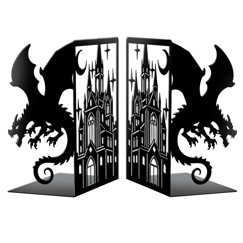 Peacoblue Buchstütze Dekorativ Modern Drache Mit Schloss Und Mond Metall Buchstützen für Schwere Büc