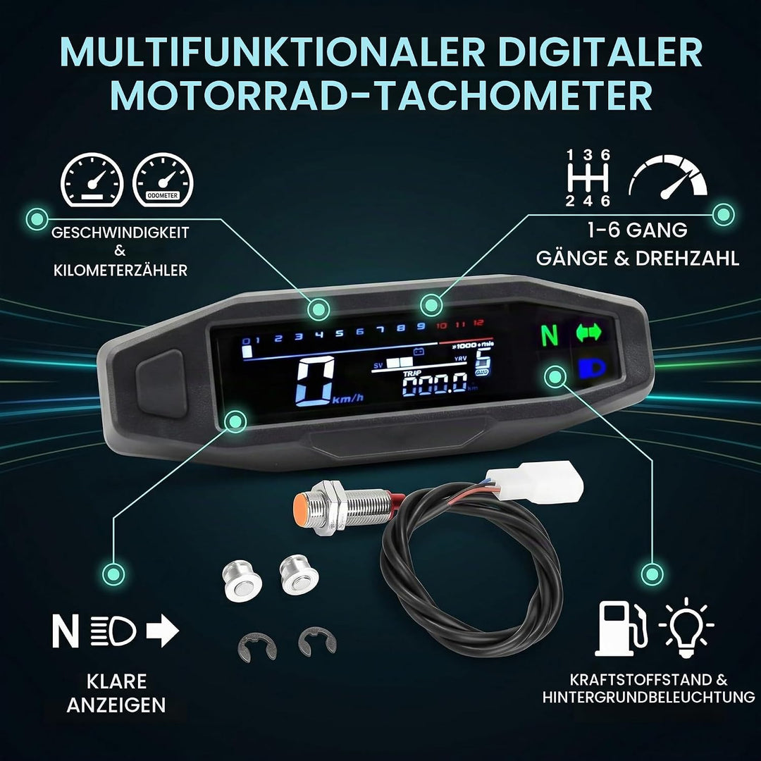 Shkalacar Motorrad Digitaler Tachometer, Drehzahlmesser mit 1-6 Gang LCD Display, Blinker, Hintergru