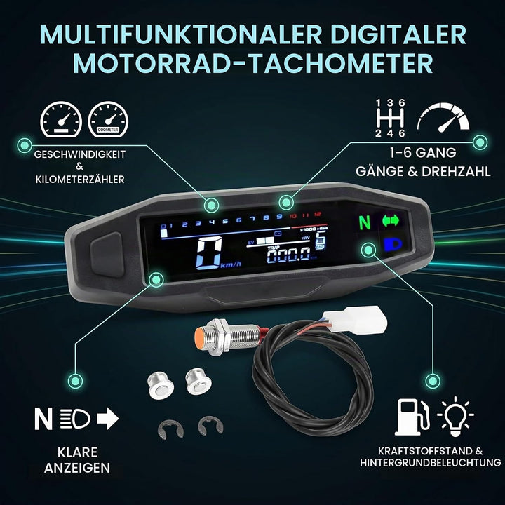 Shkalacar Motorrad Digitaler Tachometer, Drehzahlmesser mit 1-6 Gang LCD Display, Blinker, Hintergru