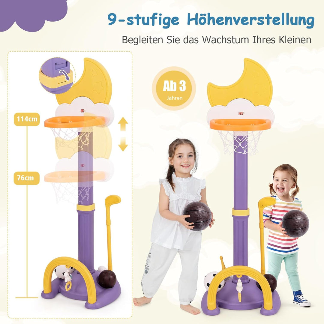 COSTWAY 4 in 1 Kinder Basketballkorb Set, Basketballständer höhenverstellbar mit Basketball & Fussba