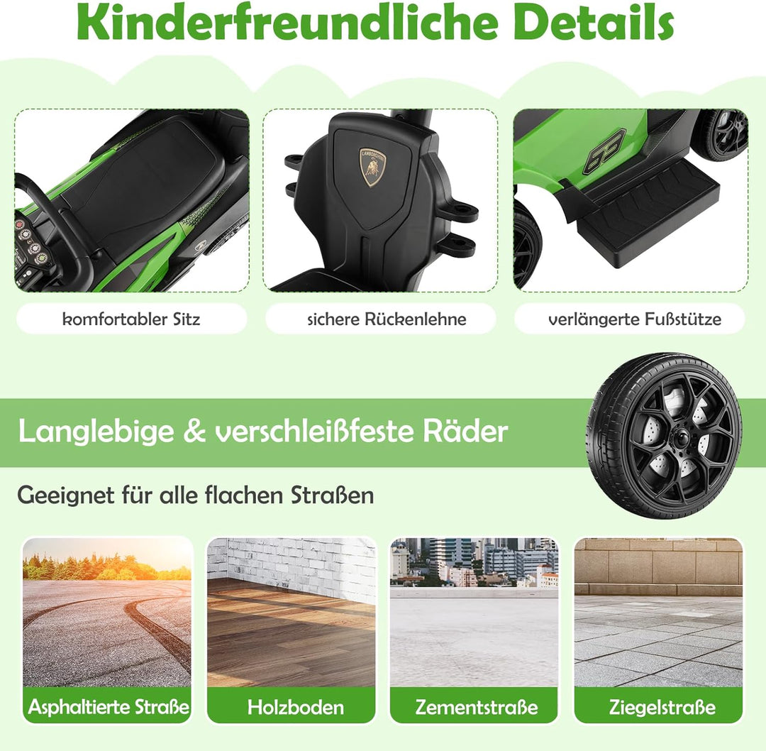 GOPLUS Rutschauto Lamborghin, 3 in 1 Rutschfahrzeug mit Schiebegriff, Schutzgeländer, Stauraum unter