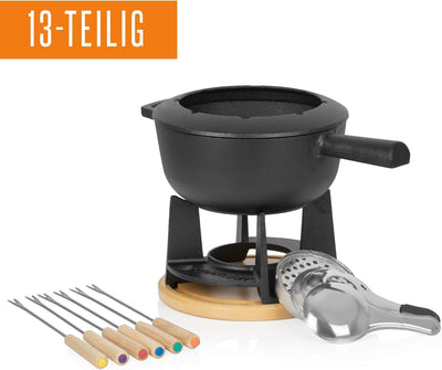 Mahlzeit Gusseisen Fondue Set für 6 Personen | 2 Liter | Fondueset 13 teilig mit Brenner und Gabeln