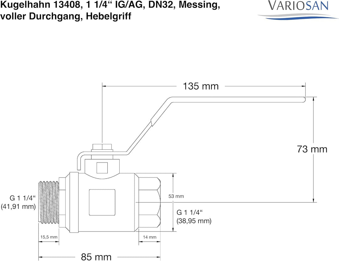 VARIOSAN Kugelhahn 13408, 1 1/4" IG/AG, DN32, Messing, voller Durchgang, Hebelgriff, 1 1/4"