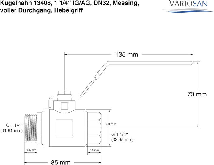 VARIOSAN Kugelhahn 13408, 1 1/4" IG/AG, DN32, Messing, voller Durchgang, Hebelgriff, 1 1/4"
