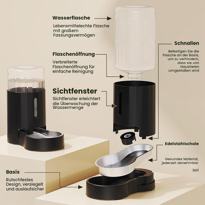 JUNSPOW Wasserspender für Hunde, 6L Schwerkraft grosse Kapazität Edelstahl-Wasserspender für Katzen,