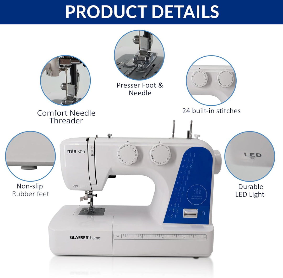 Nähmaschine easy GLAESER® home mia 300 | Anfänger Nähmaschine | Automatischer Einfädler | 24 Stich -