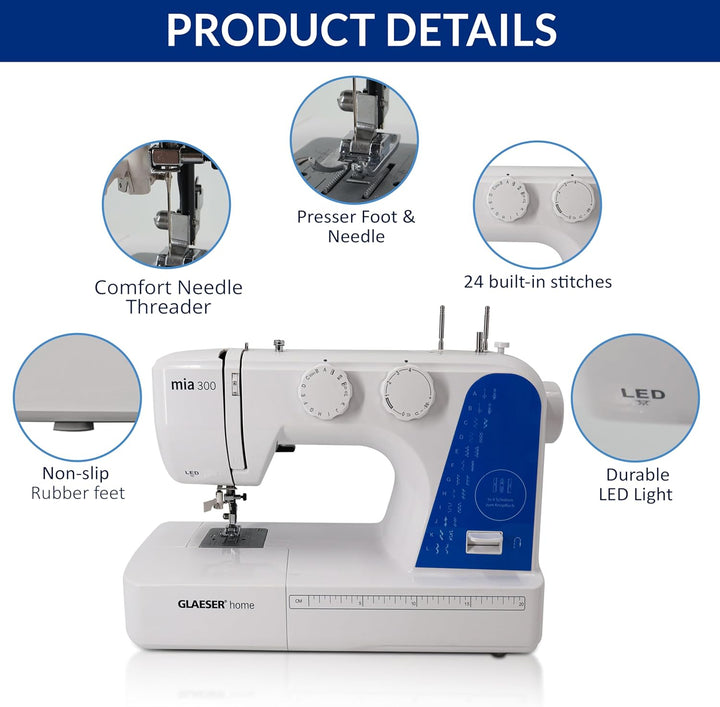 Nähmaschine easy GLAESER® home mia 300 | Anfänger Nähmaschine | Automatischer Einfädler | 24 Stich -