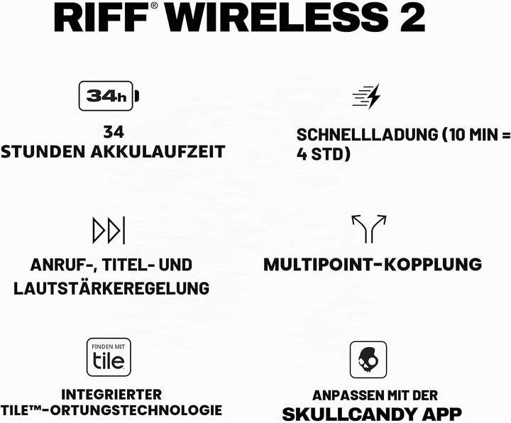 Skullcandy Riff 2 On-Ear Wireless-Kopfhörer, 34 Std. Akkulaufzeit, Mikro, Kompatibel mit iPhone, And