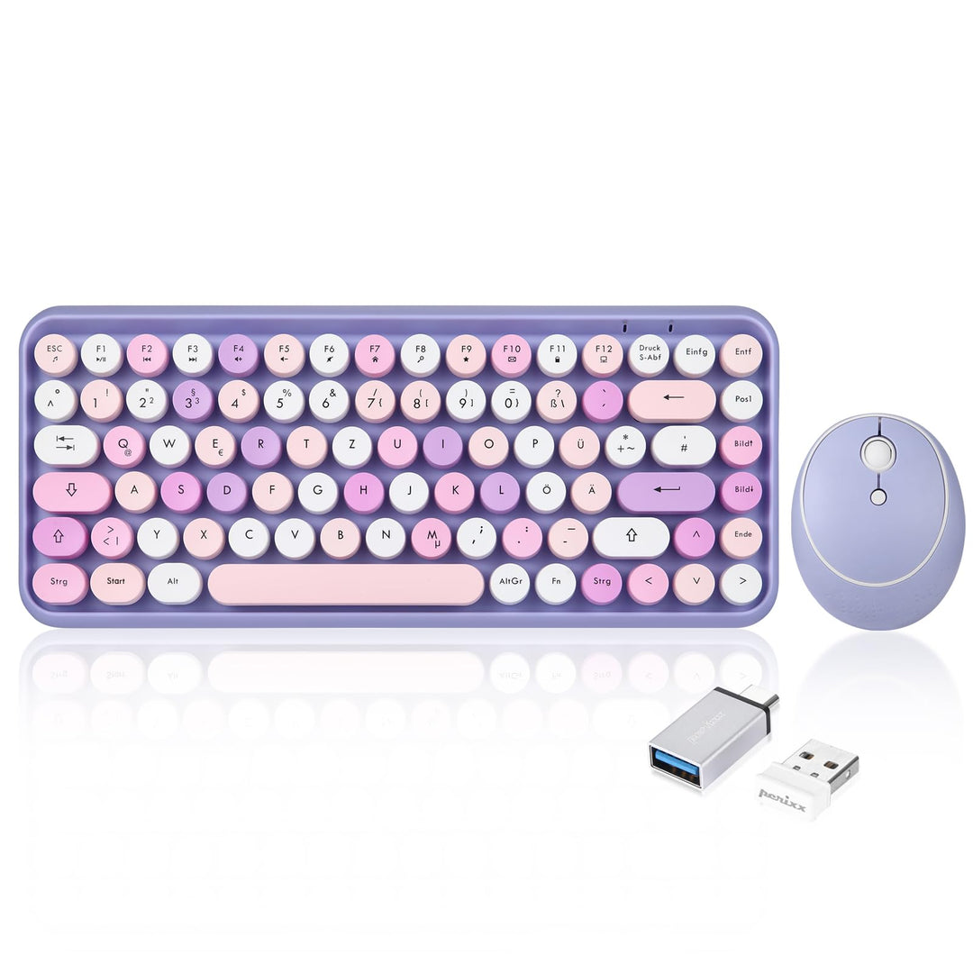 Perixx PERIDUO-713PP Kabellose Mini-Tastatur und Maus-Kombination - Retro runde Tastenkappen- Pastel