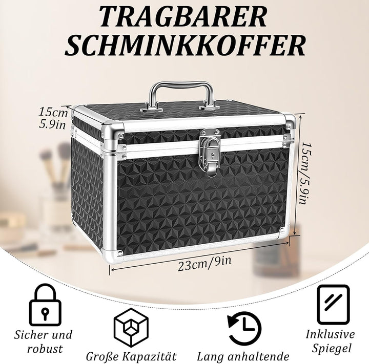 Kosmetikkoffer Hartschale mit Spiegel, Schminkkoffer Leer mit Schloss & Schlüssel, Schwarz Tragbarer