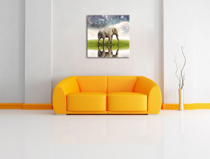 Pixxprint Einsamer Elefant unter Sternenhimmel, Format: 70x70 auf Leinwand, 70x70