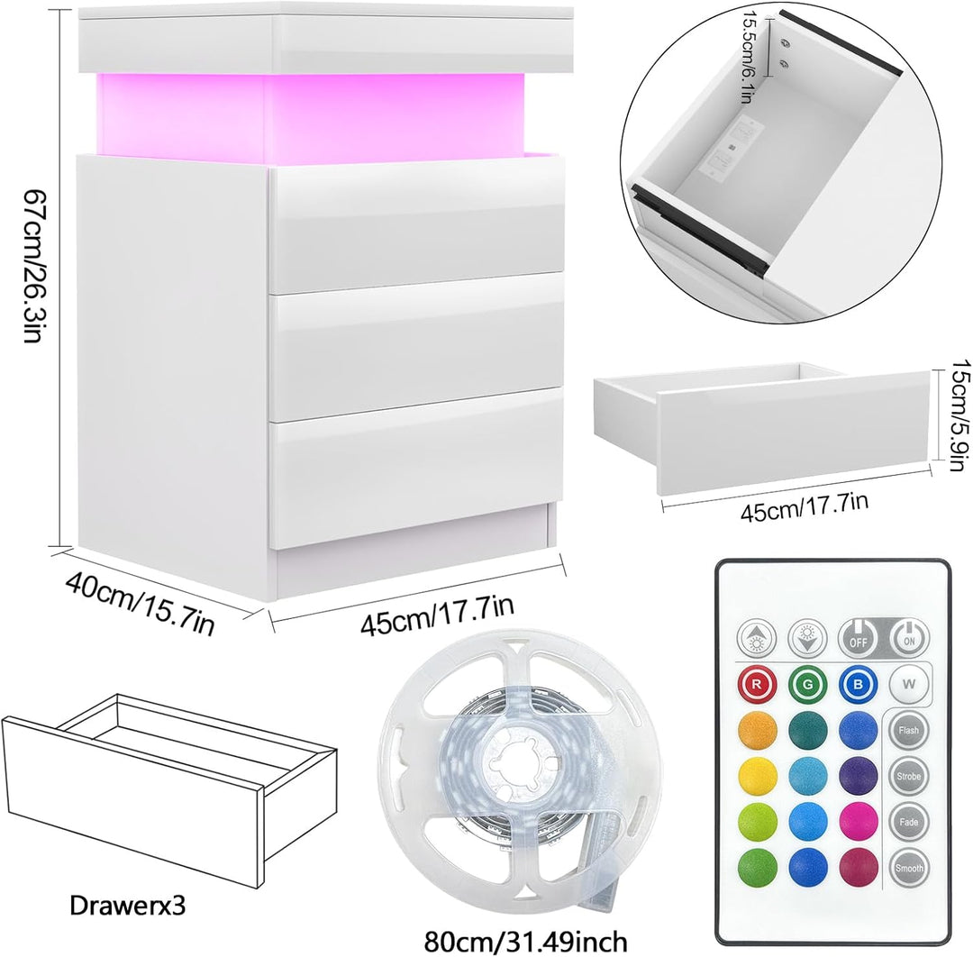 Nachttisch mit Steckdose, Nachtschrank mit Led Licht, Nachtkommode mit 3 Schubladen und Versteckte S