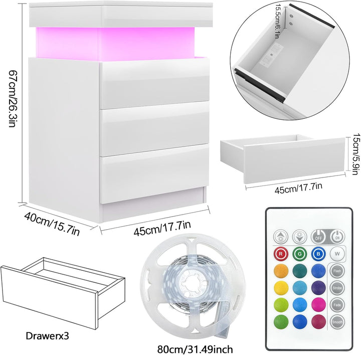 Nachttisch mit Steckdose, Nachtschrank mit Led Licht, Nachtkommode mit 3 Schubladen und Versteckte S