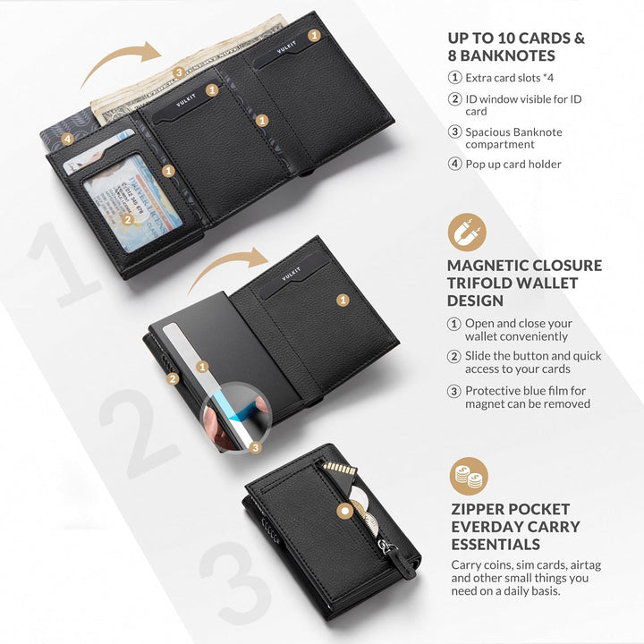 VULKIT Kreditkartenetui RFID-blockierende Pop-Up-Kartentasche aus Echtem Leder mit Geldscheinfach, A