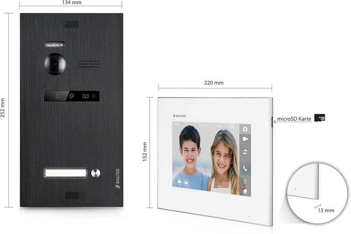 Balter EVO Video-Türsprechanlage ✓ Touchscreen 7 Zoll Monitor ✓ Türstation Schwarz ✓ Klingel ✓ 2-Dra