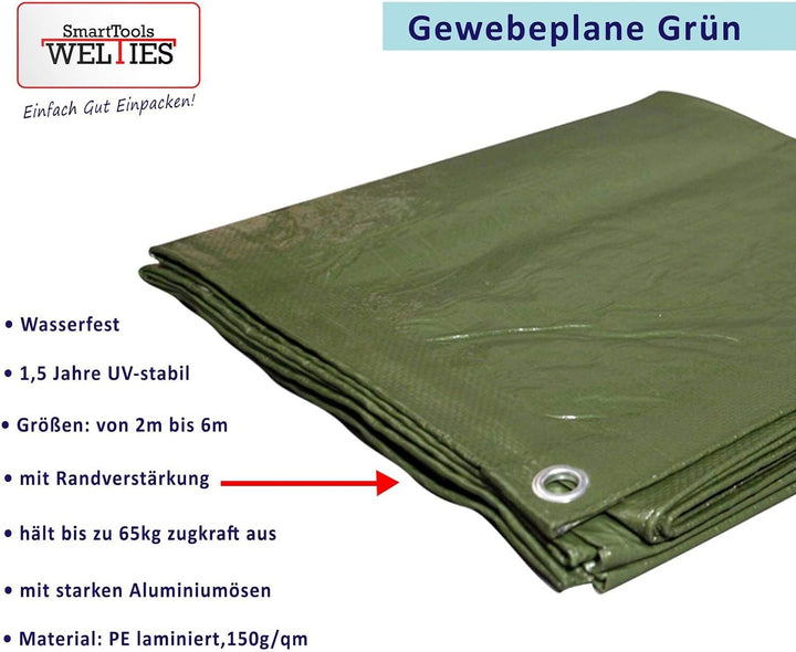 WeltiesSmartTools Abdeckplane mit Rund-Ösen 4x5m 150g/m² grün Profi Gewebeplane reissfest wasserfest