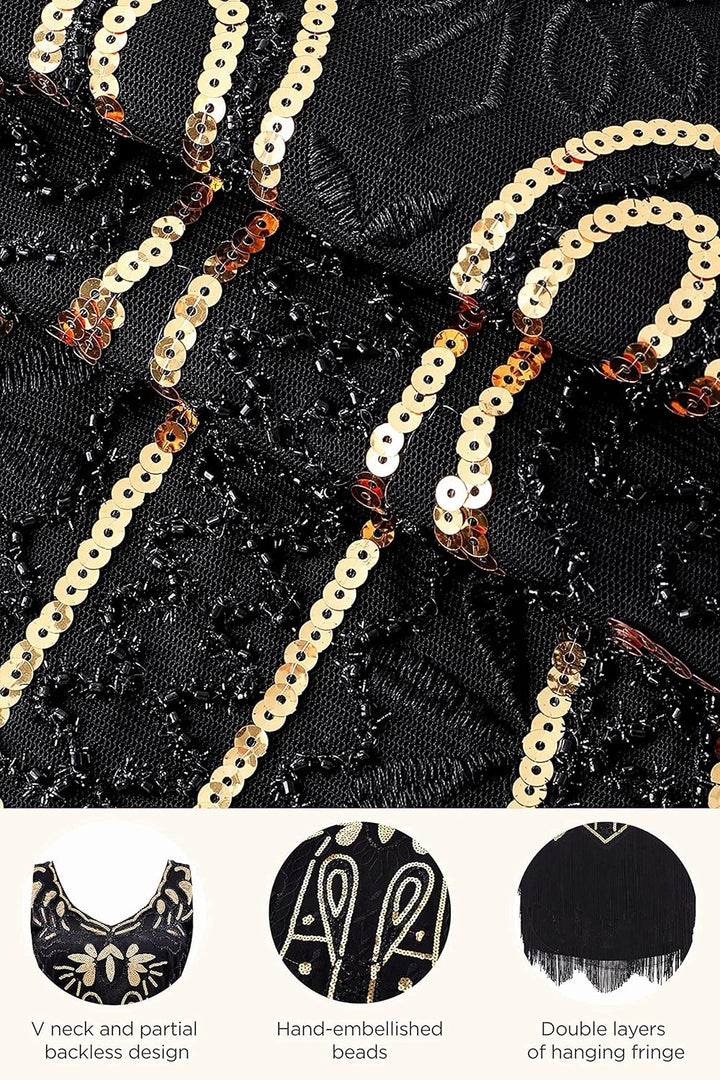 BABEYOND Damen Flapper V-Ausschnitt Kleid Cocktailkleid XXL Schwarz, XXL Schwarz